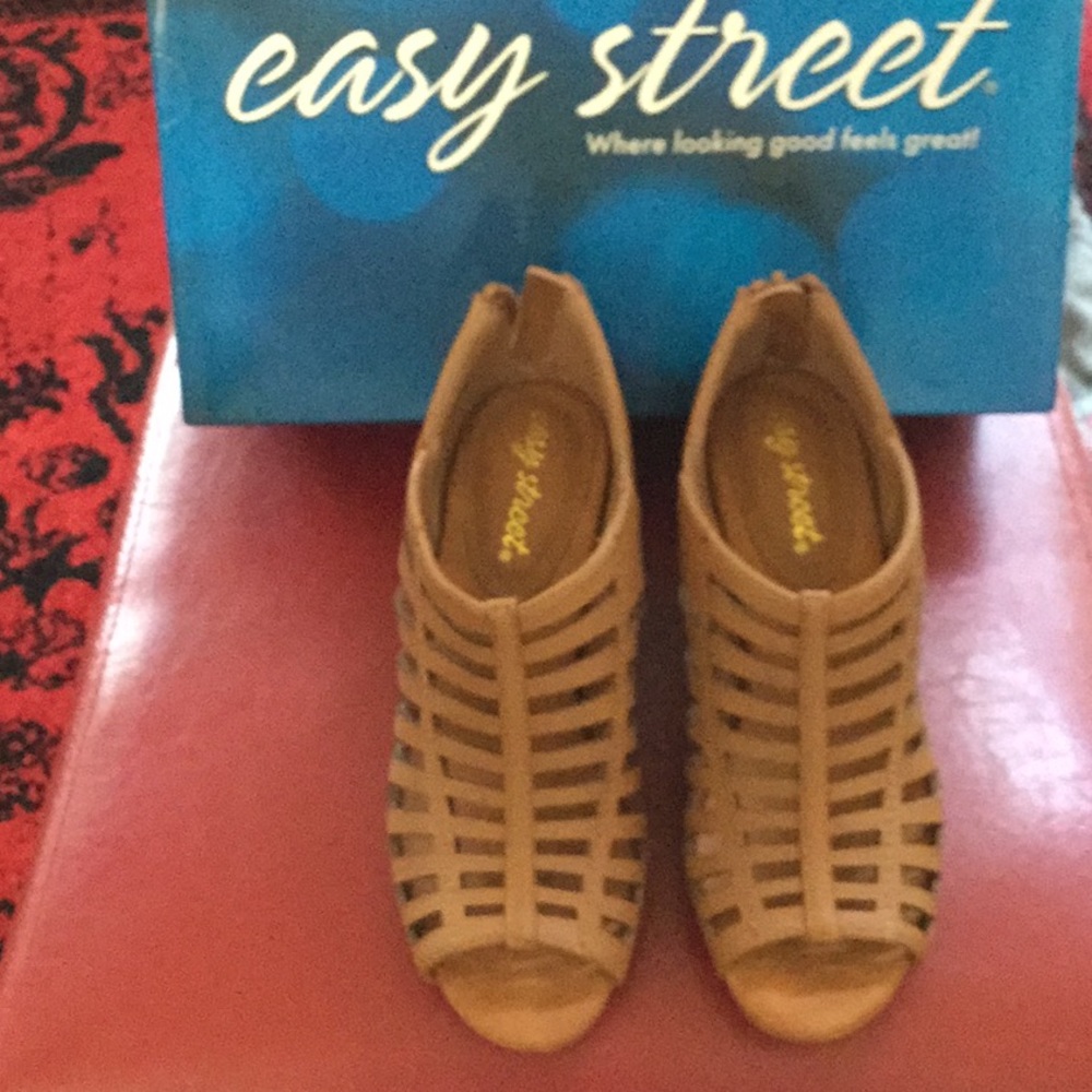 Tan open toe heels